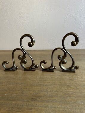 Vintage Solid Brass Metal 4.5X4.5" Hooks Scroll Shape Hook Hanger. Set Of Two.